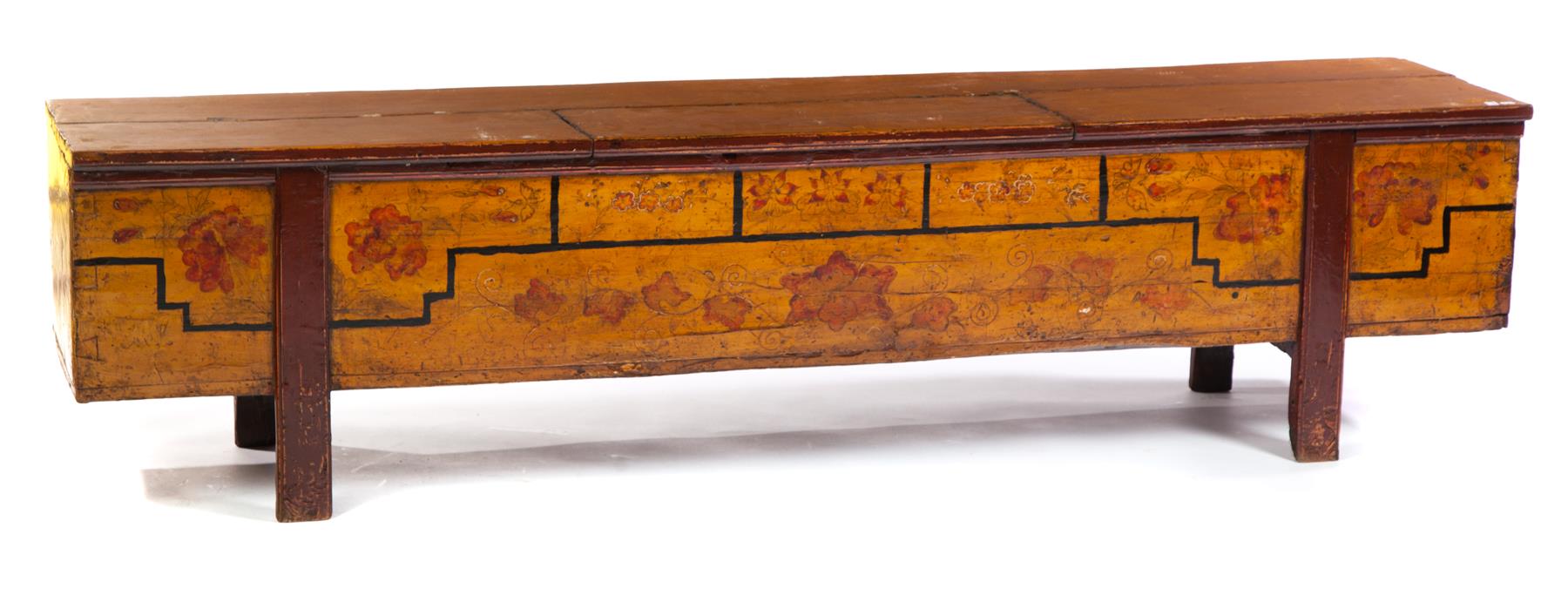 Appraisal: MONGOLIAN CABINET BENCH Ca s pine Original yellow and red