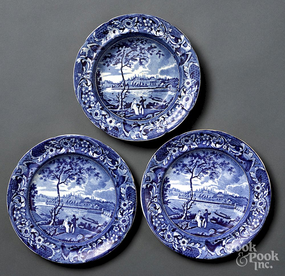 Appraisal: Historical Blue Staffordshire bowl and plates Historical Blue Staffordshire Fairmount