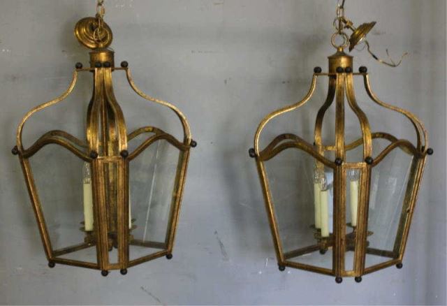 Appraisal: Pair of Gilt Metal Hurricane Chandeliers Great quality and heavy