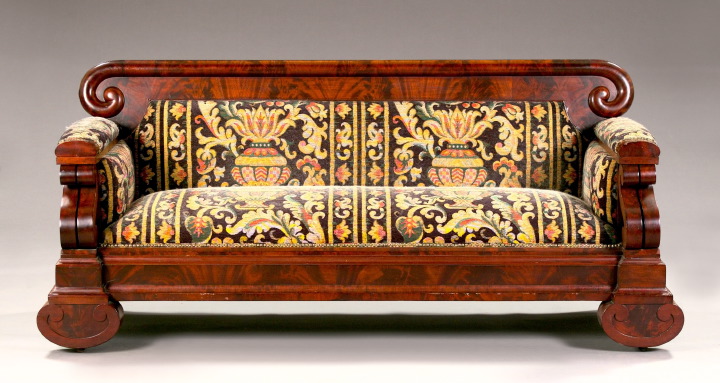 Appraisal: American Late Classical Flame Mahogany Sofa second quarter th century