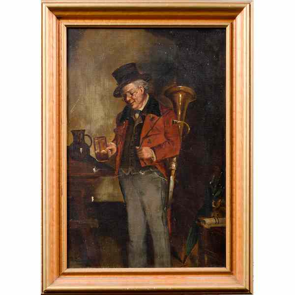 Appraisal: Oil Painting of a Brass Horn Player Continental circa Oil