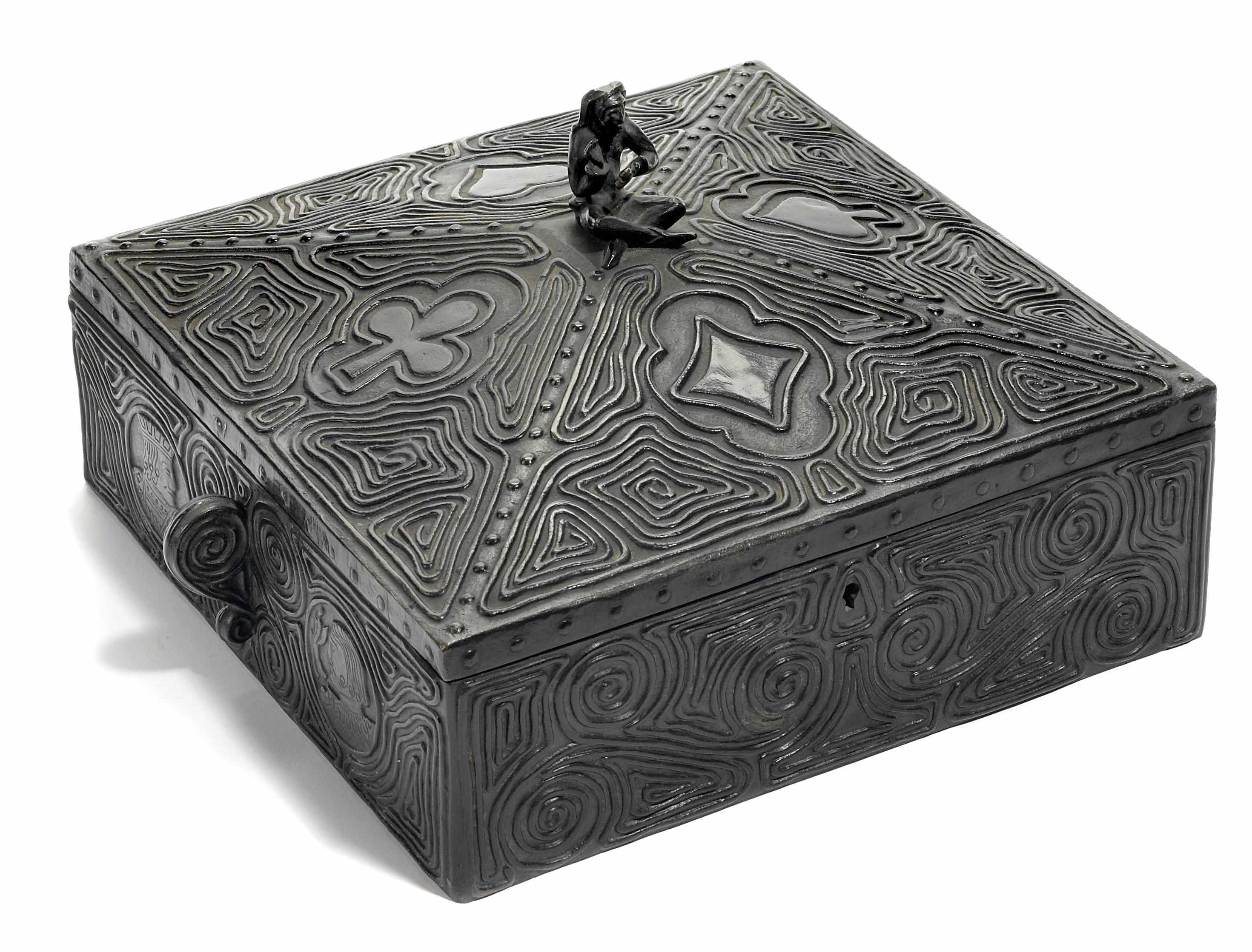 Appraisal: A Continental patinated bronze games box after a model by