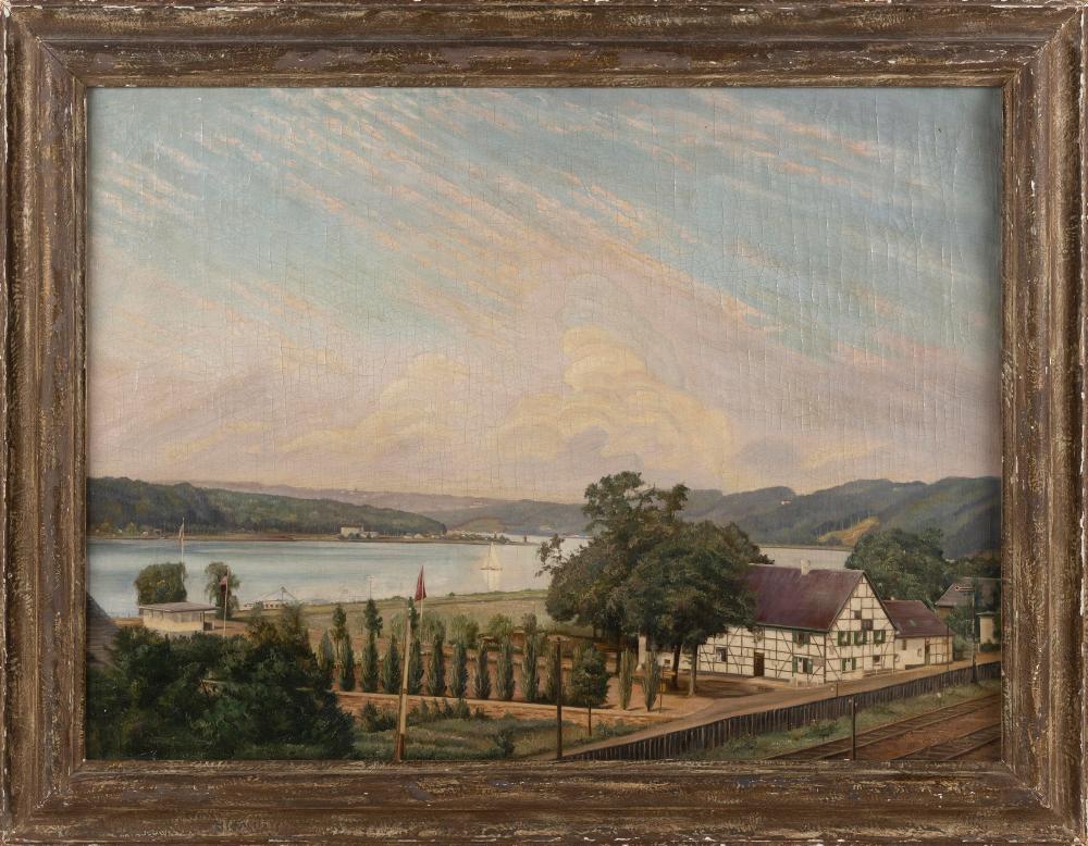 Appraisal: AMERICAN SCHOOL EARLY TH CENTURY EXPANSIVE LANDSCAPE WITH RIVER BUILDING