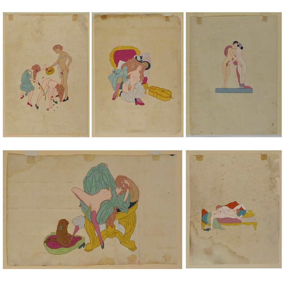 Appraisal: Grp Erotic European Drawings Gouache on Paper Group of five