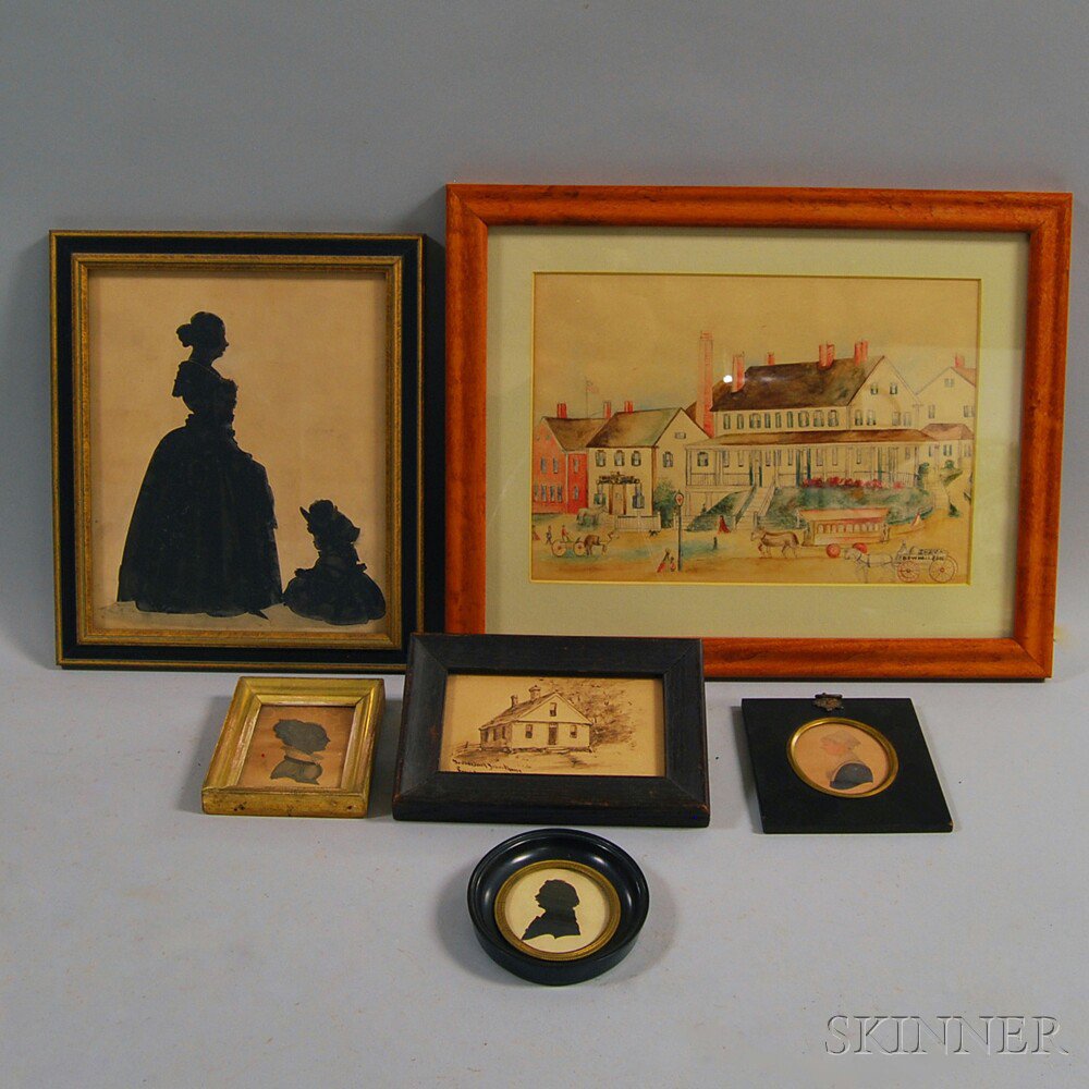 Appraisal: Six Framed Silhouettes and Watercolors th century including two hollow-cut