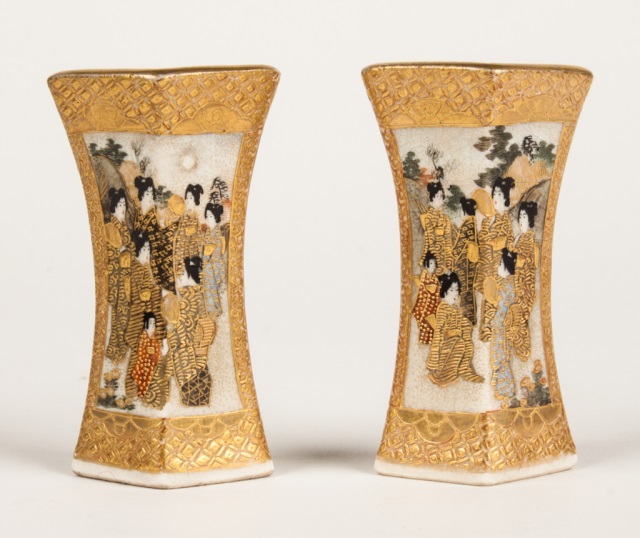 Appraisal: Pair of Japanese Satsuma cabinet vases late th century rhomboid