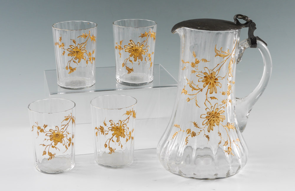 Appraisal: FLORAL ENAMELED GLASS WATER SET pieces total unmarked with gilt