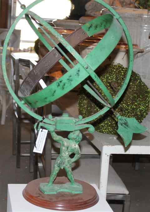 Appraisal: GREEN PAINTED IRON ARMILLARY SPHERE with circular wooden base -