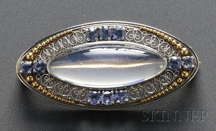 Appraisal: Arts Crafts Moonstone and Montana Sapphire Brooch Tiffany Co Louis