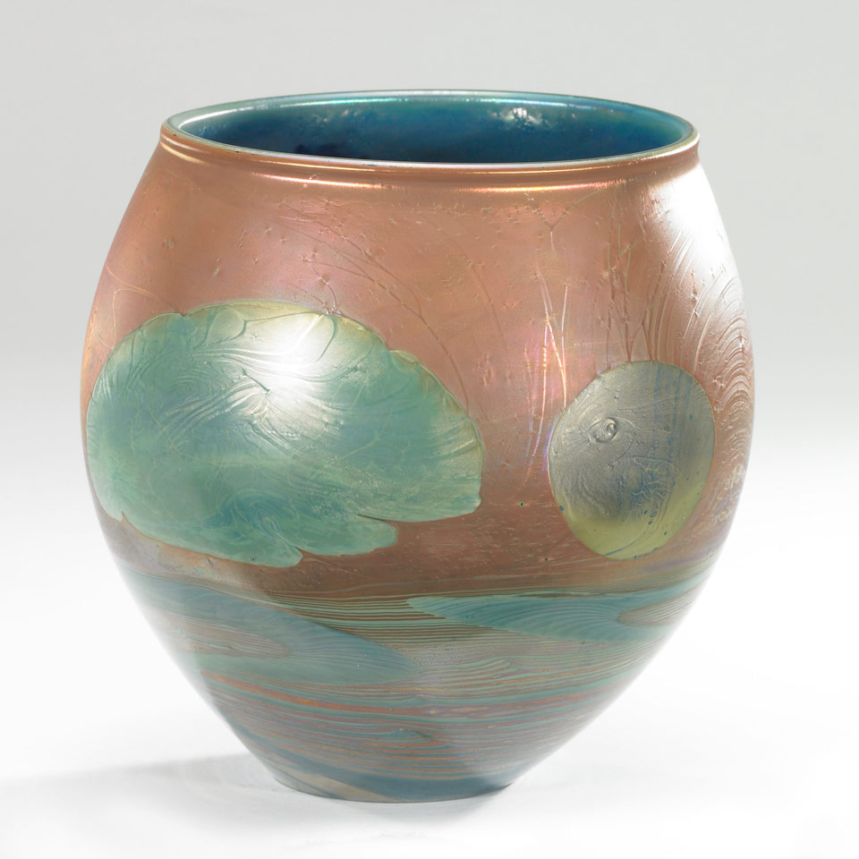 Appraisal: John Lewis American b Iridescent Glass Moon Vase engraved Lewis