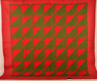 Appraisal: Antique Red and Green Rising Sun Pattern Patchwork Quilt Brown