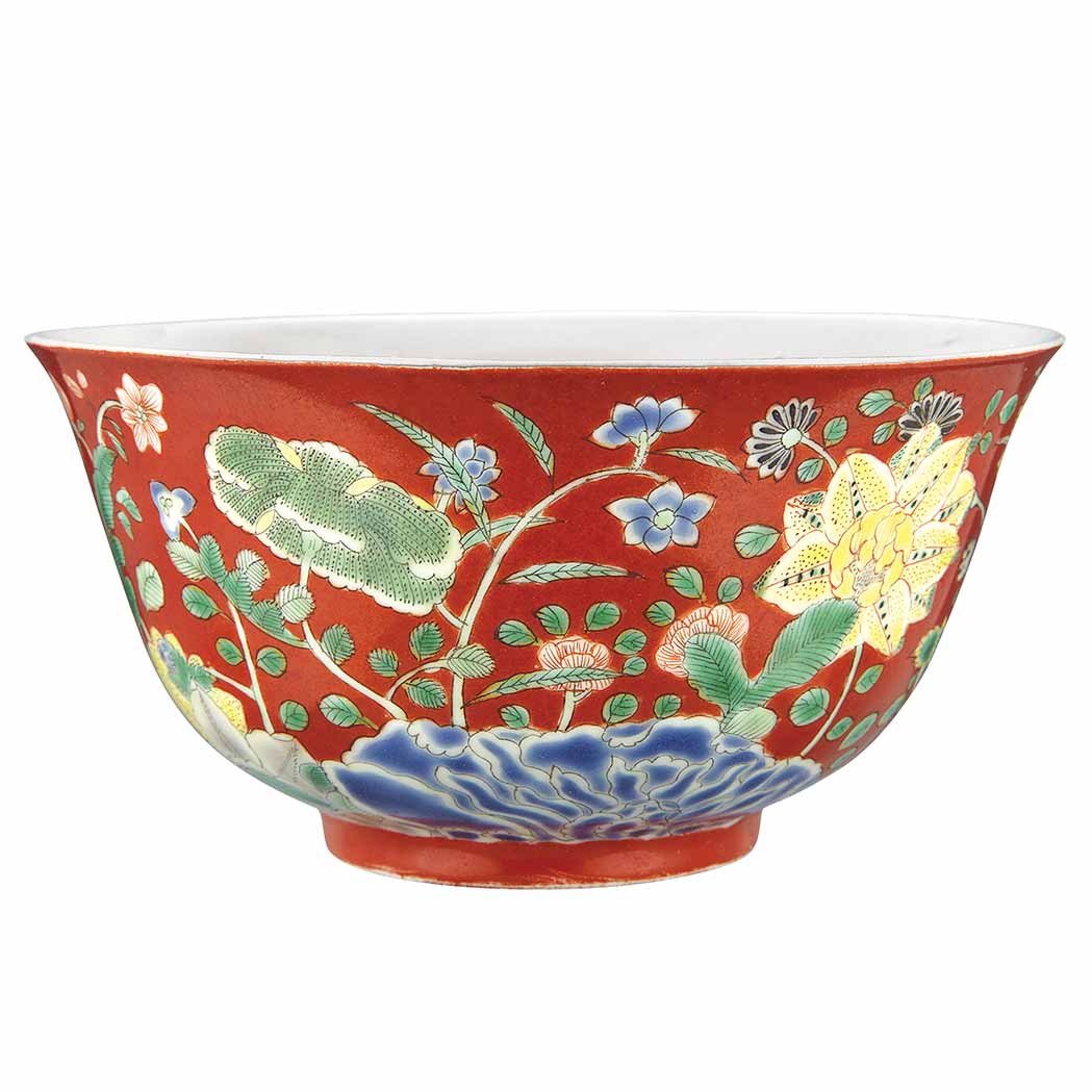 Appraisal: Chinese Coral Ground Enameled Porcelain Bowl Early th century Of