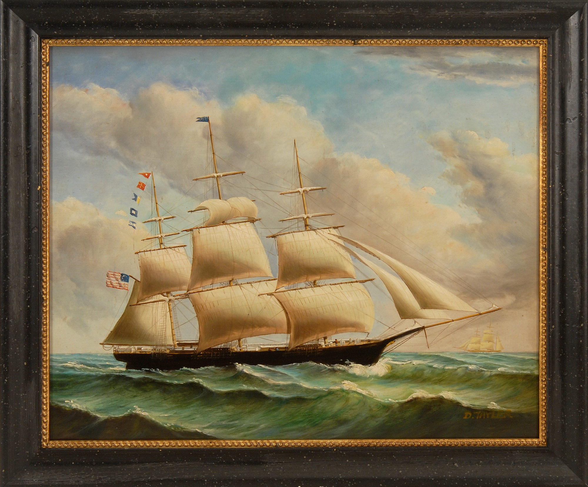 Appraisal: FRAMED PAINTING ContemporaryA clipper ship flying an American flag Signed