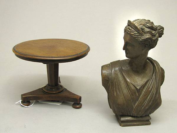 Appraisal: A William IV miniature walnut breakfast table and two carved