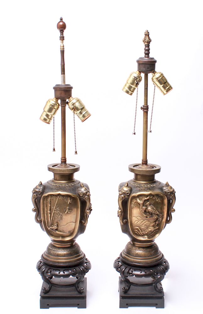 Appraisal: Japanese Meiji Bronze Urn Form Table Lamps Japanese Meiji bronze