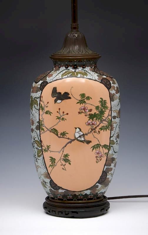 Appraisal: Large Japanese Cloisonne Lamp Large Japanese cloisonne vase lamp with