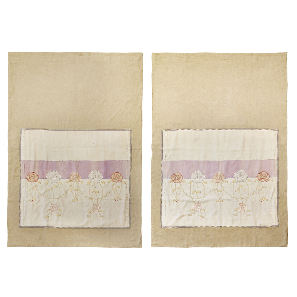 Appraisal: GLASGOW SCHOOL OF ART PAIR OF EMBROIDERED AND APPLIQU LINEN