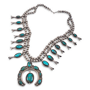 Appraisal: Navajo Silver and Turquoise Squash Blossom Necklace mid- th century