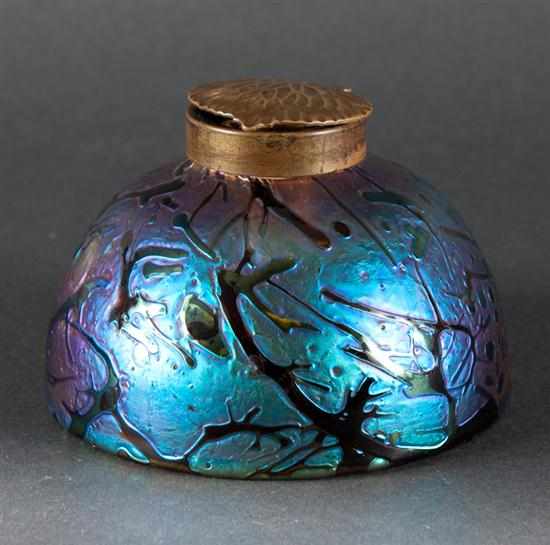 Appraisal: Iridescent art glass inkwell with gilt-metal mount attributed to Kralik