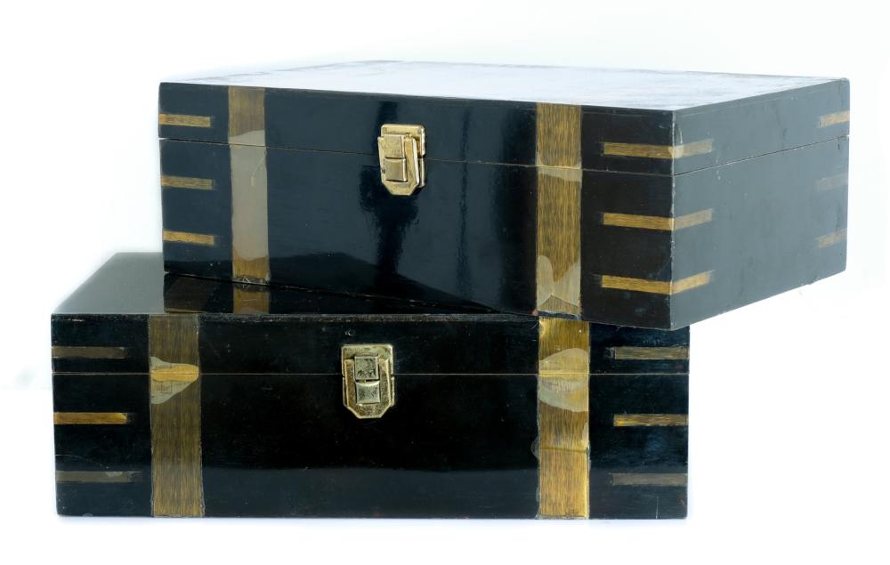 Appraisal: PAIR CAMPAIGN STYLE LACQUERED BRASS INLAID BOXESPair of Campaign style