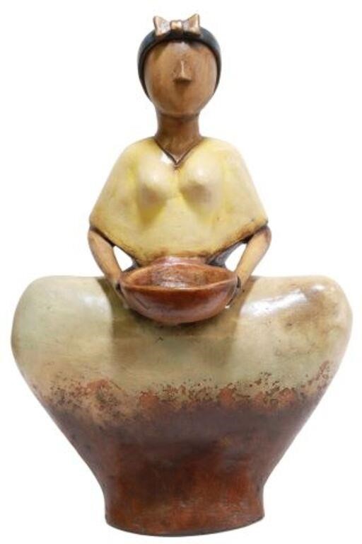 Appraisal: Pottery sculpture Woman with Bowl Mexico approx h w d