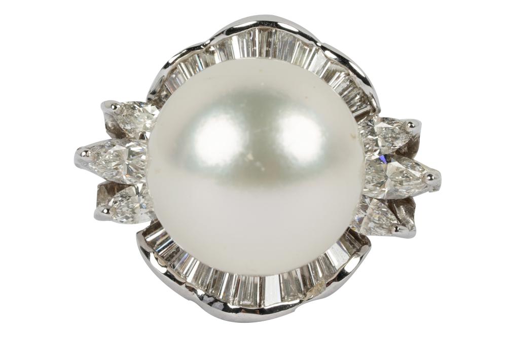 Appraisal: KARAT WHITE GOLD DIAMOND PEARL CLUSTER RINGcentering one spherical half-drilled