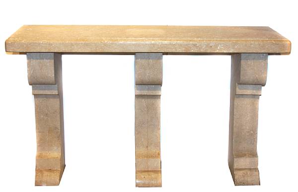 Appraisal: A pair of limestone console tables with three piers height