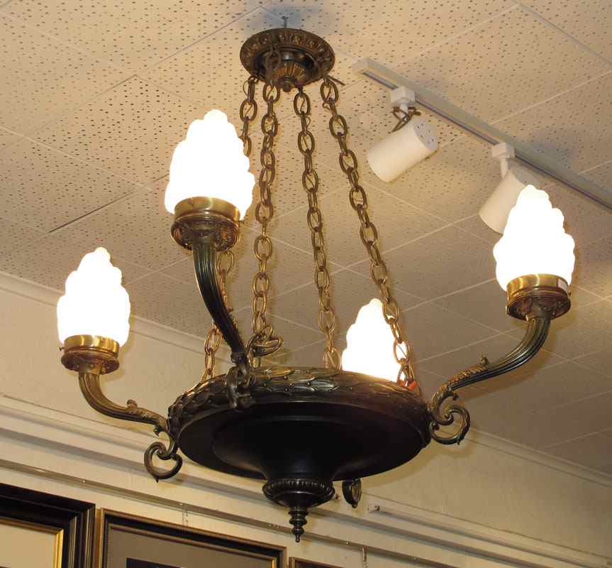 Appraisal: VICTORIAN LIGHT CHANDELIER Patinated white metal with satin flame shades