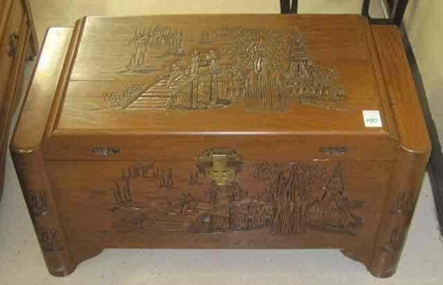 Appraisal: INCISE-CARVED CAMPHOR WOOD BLANKET CHEST Chinese th century having a