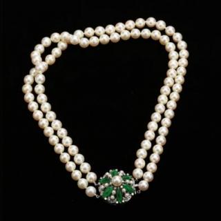 Appraisal: Vintage Double Strand Akoya Pearl Necklace with Platinum Jade and