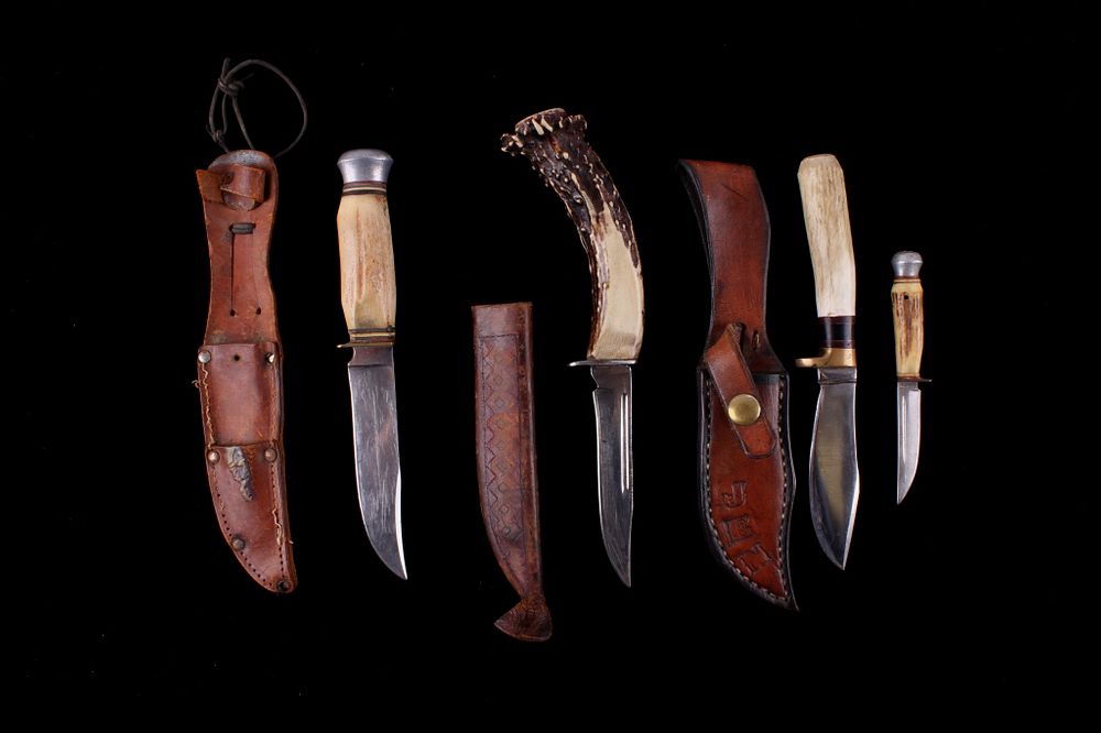 Appraisal: Collection Of Antler Handle Hunting Knives In this lot are