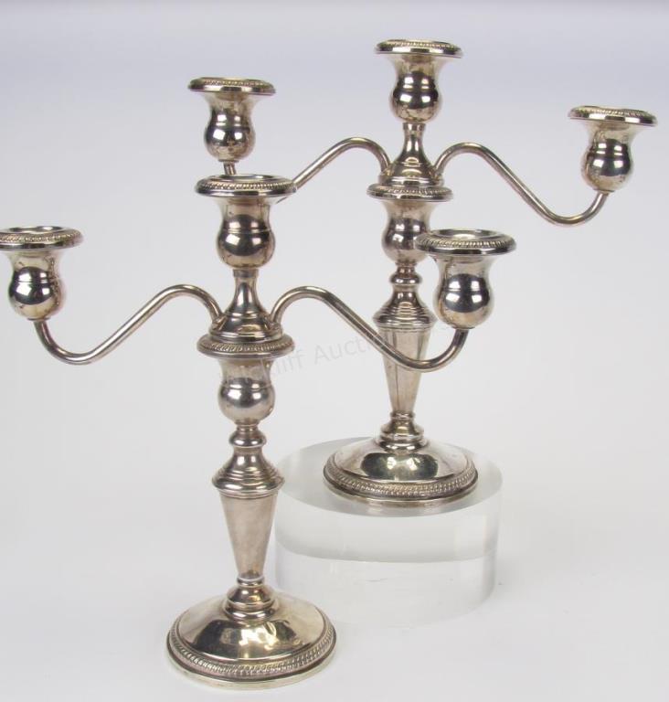 Appraisal: Pair of Fisher Weighted Sterling Candelabra three light candelabra with