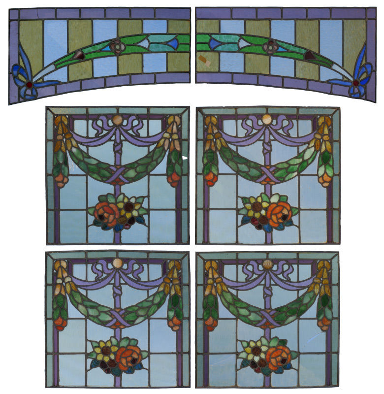 Appraisal: LEADED STAINED GLASS PANELS panels total with garland swag and