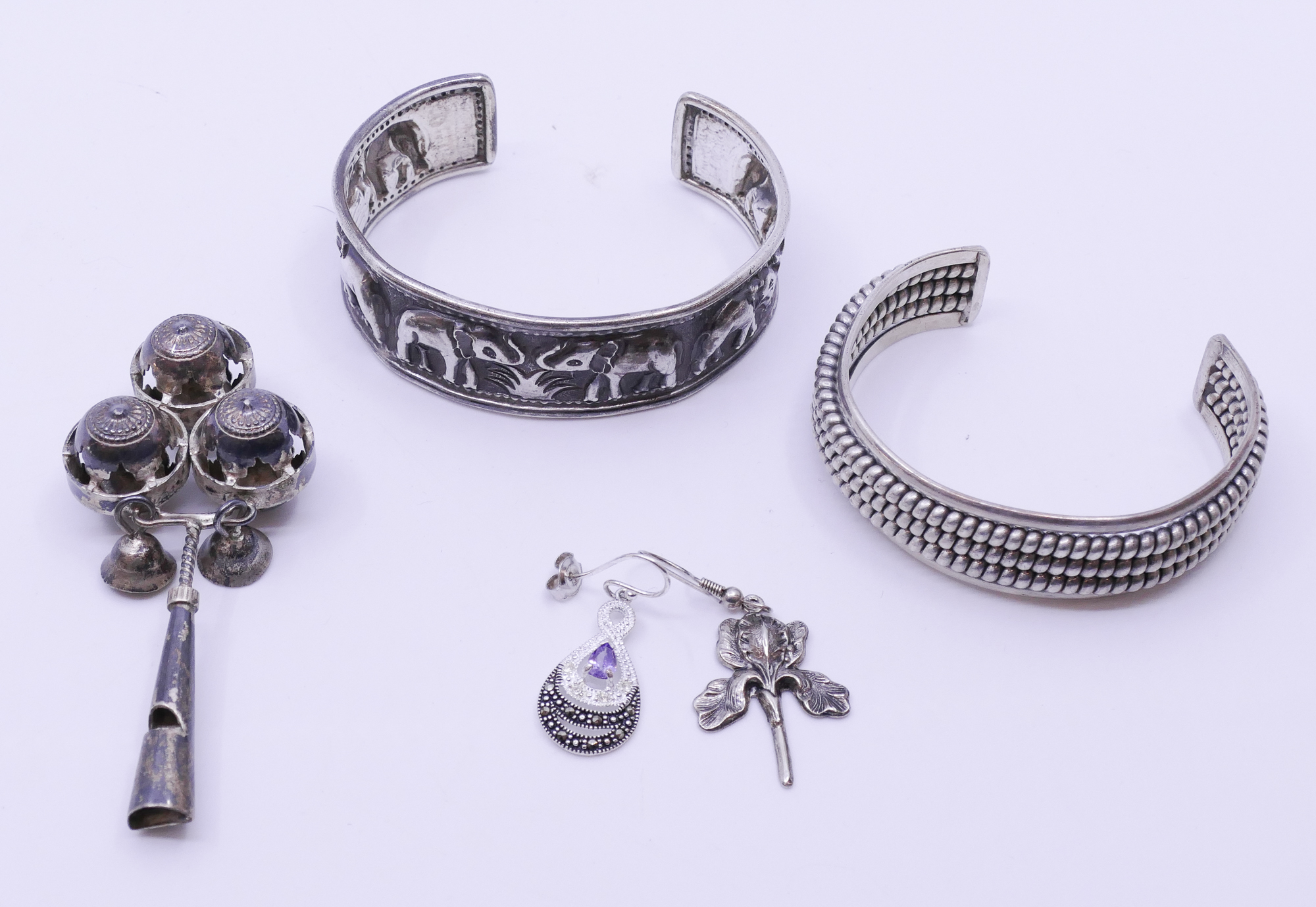 Appraisal: Box Sterling Bangle Bracelets and Rattle