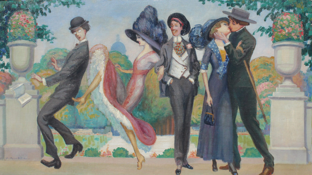 Appraisal: ROUBILLE Auguste French - Painting of Flapper Era Characters Fooling