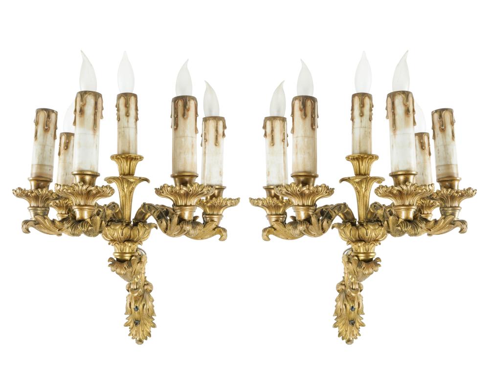 Appraisal: PAIR OF ROCOCO-STYLE GILT METAL WALL SCONCESeach with six lights