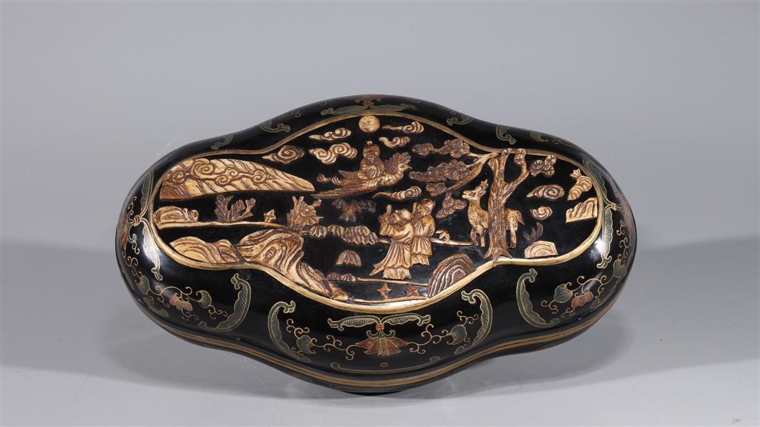 Appraisal: Chinese gilt lacquer covered box with figures carved in low-relief