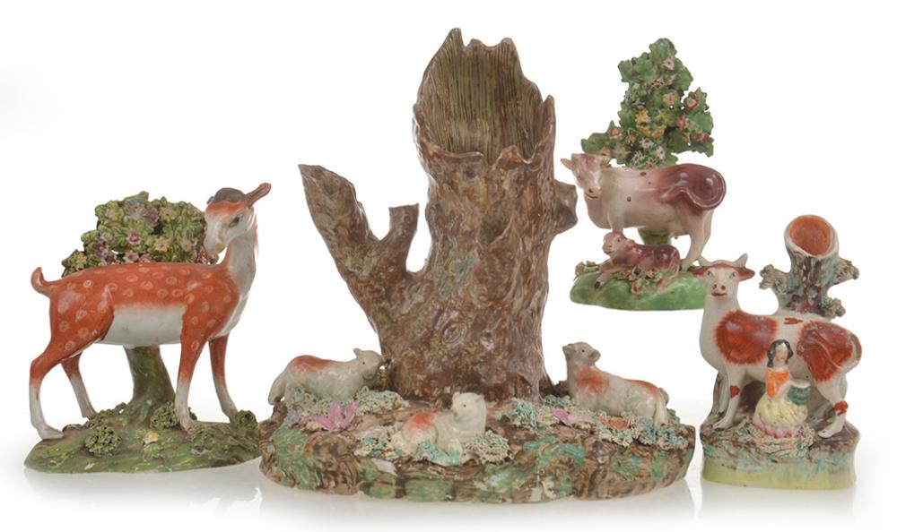 Appraisal: FIVE STAFFORDSHIRE FARM ANIMAL THEMED FIGURES AND VASES FAULTS