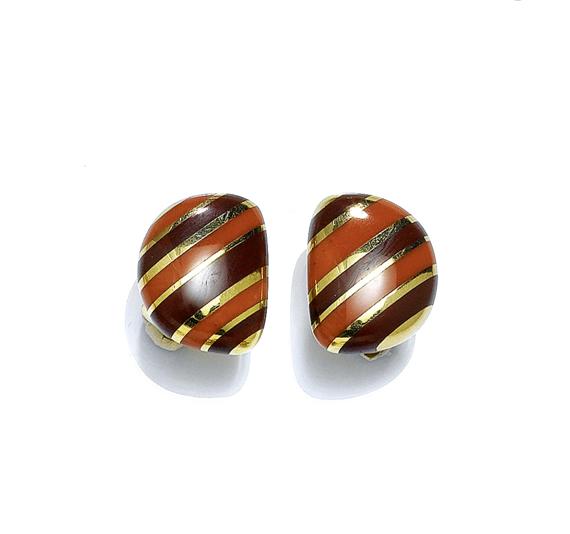 Appraisal: CORAL JASPER AND GOLD EAR CLIPS TIFFANY Co Yellow gold