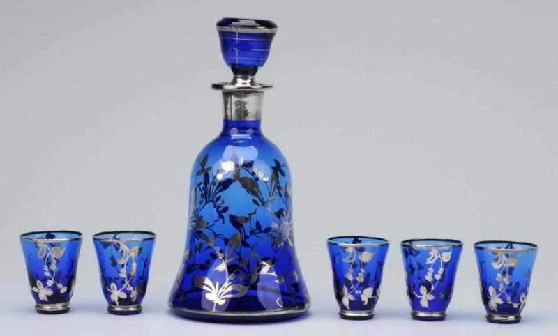 Appraisal: Moser Blue Glass Decanter Cordials Description With silver gilding Condition