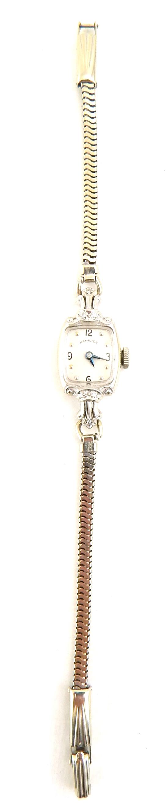 Appraisal: JEWELRY Lady's Hamilton wristwatch K white gold with rectangular shape