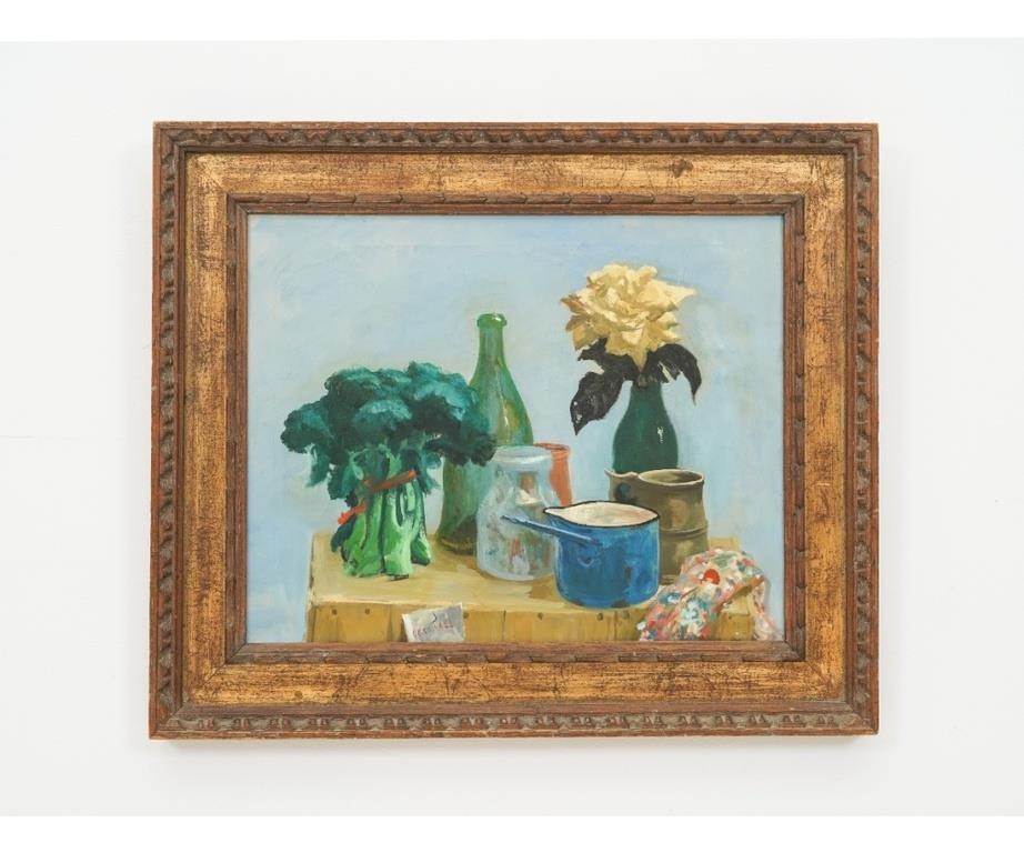 Appraisal: L Crowell oil on canvas still life of bottles ceramic