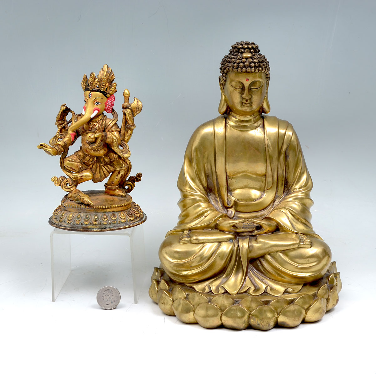 Appraisal: PIECE BRONZE BUDDHA AND GANESH STATUES - th century Gilt