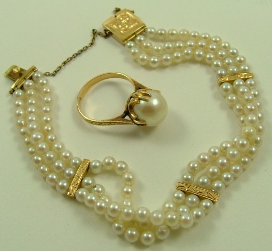 Appraisal: TWO ARTICLES OF PEARL AND YELLOW GOLD JEWELRY including a