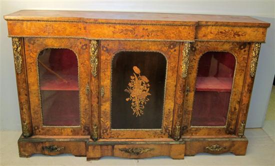 Appraisal: th century walnut and parquetry inlaid break front credenza the