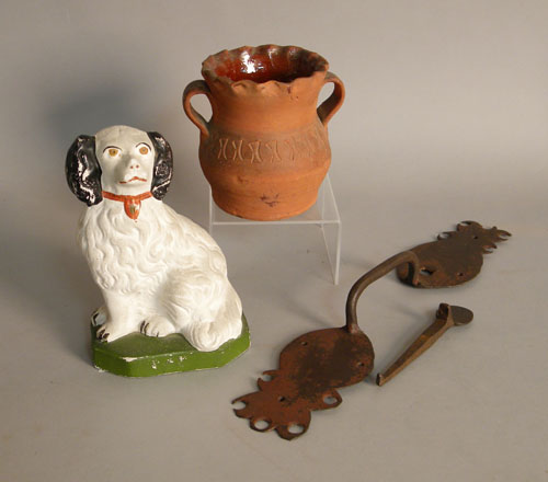 Appraisal: Chalkware spaniel h together with Schofield redware two-handled vase h