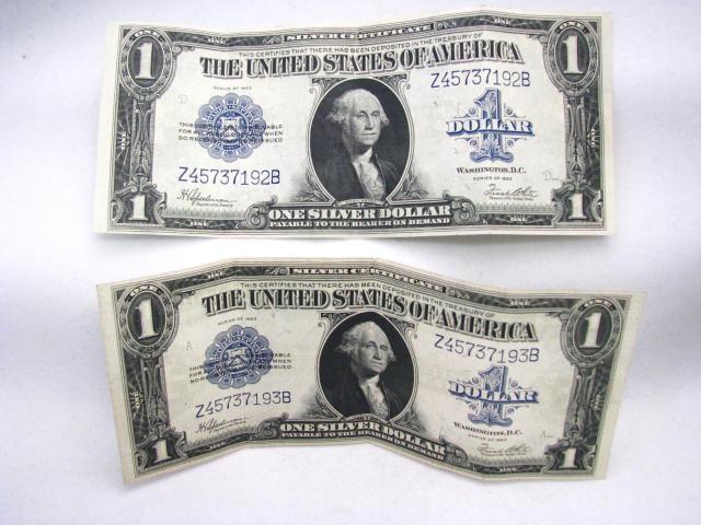 Appraisal: Two large silver certificates sequential serial numbers Z B and