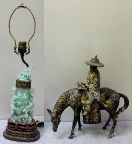 Appraisal: Vintage Asian Lot Including Jadeite Lamp BronzeFigure on Horseback Figure