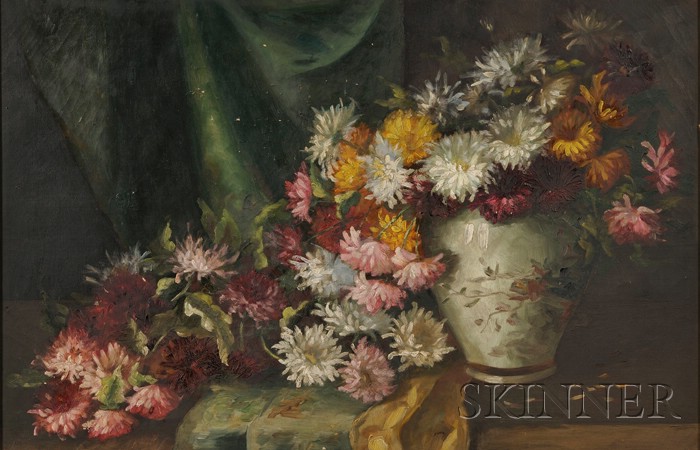 Appraisal: American School th Century Still Life with Chrysanthemums Unsigned Oil