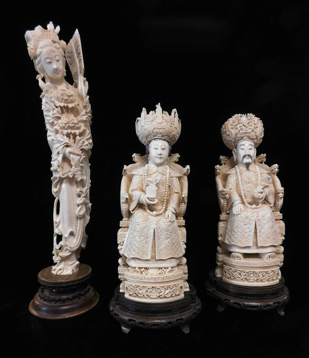 Appraisal: ASIAN Three large and intricately carved ivory figures including seated